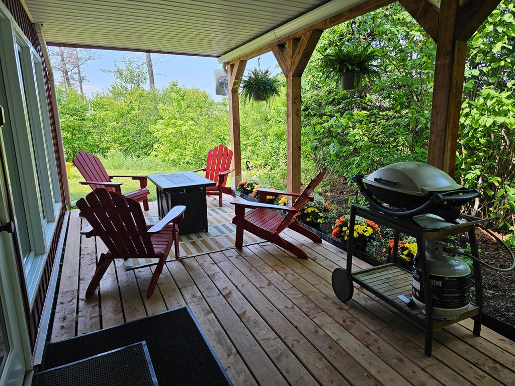 Harbour Hideaway deck with Adirondack chairs, Barbecue and trees all around